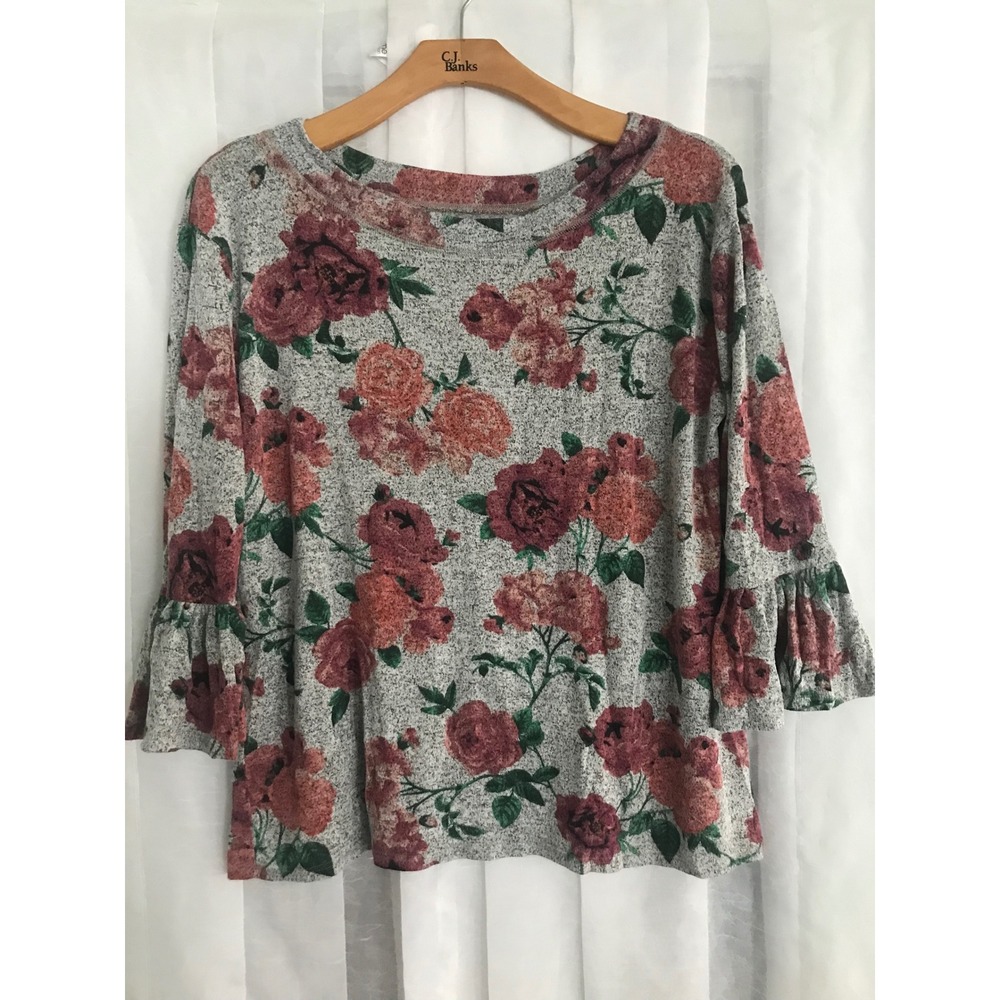 Maurices Womens Plus Size 1 Floral Bell Sleeve Knit Top Grey Red Rose Scoop Neck